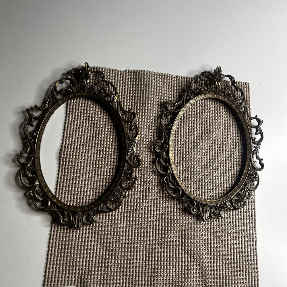 Vintage Made in Italy Brass Oval Picture Frames Ornate Rococo Scroll Pair 11x7